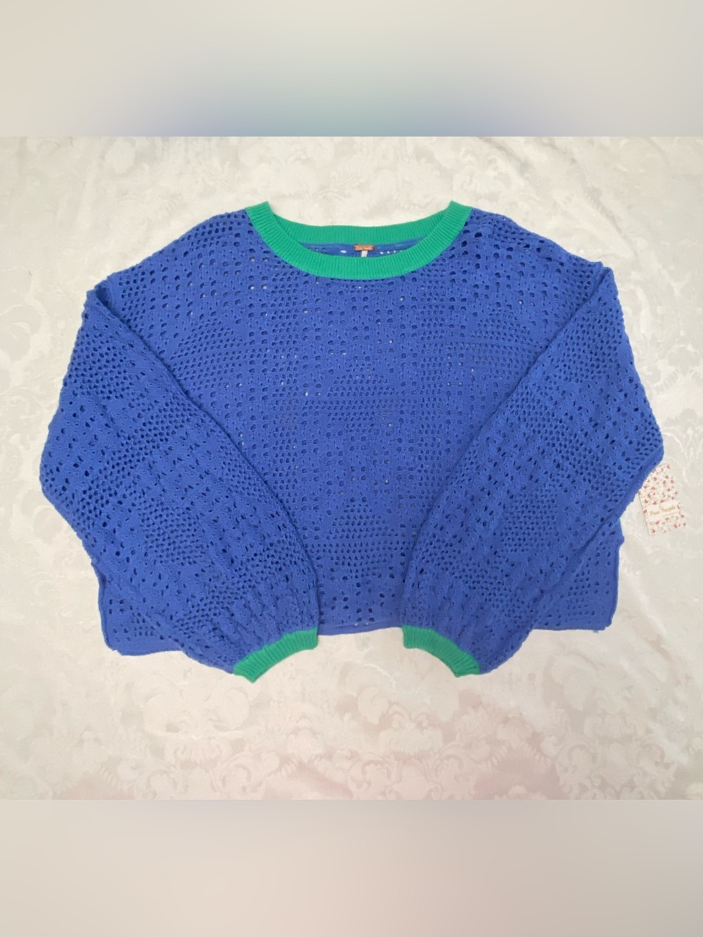 Free People Periwinkle Blue Open-Knit Crewneck Sweater with Green Trim NWT